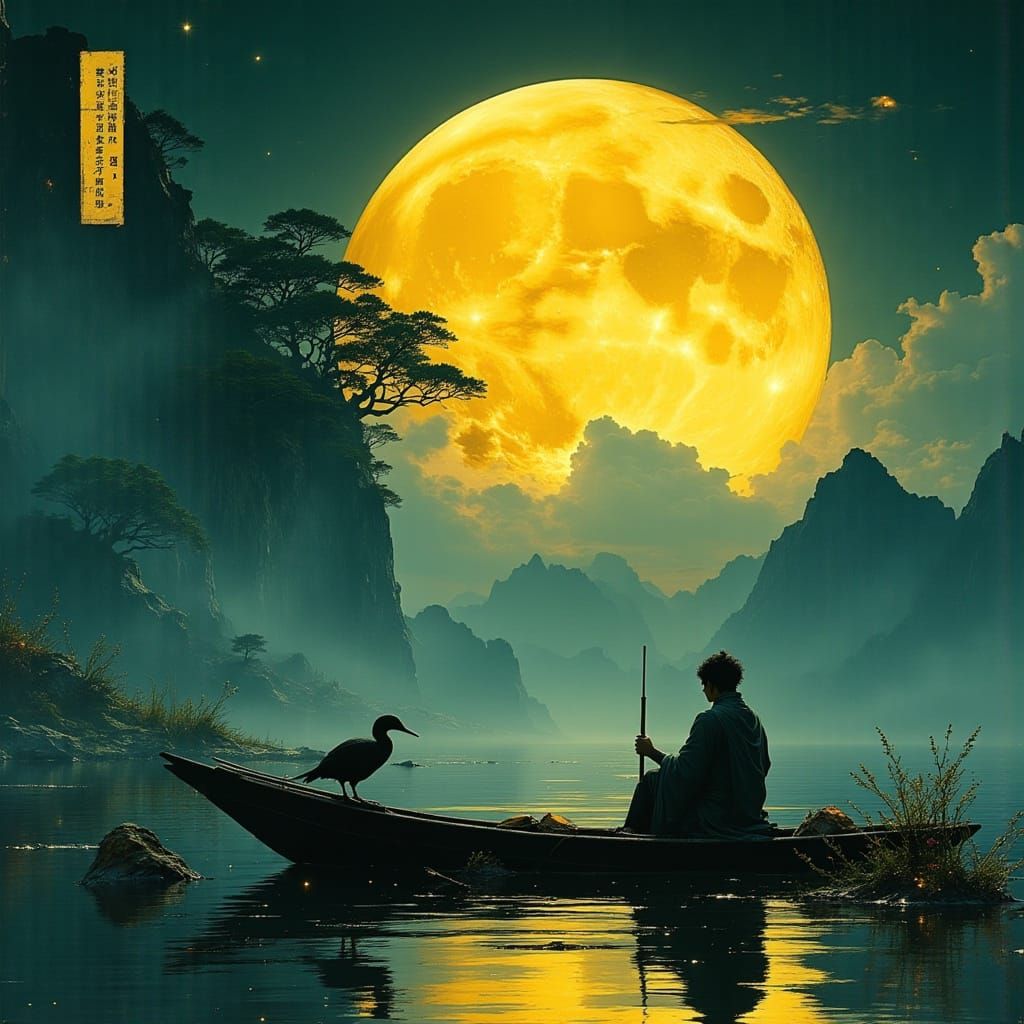 Japanese Fisherman and Cormorant Under Moonlit Lake