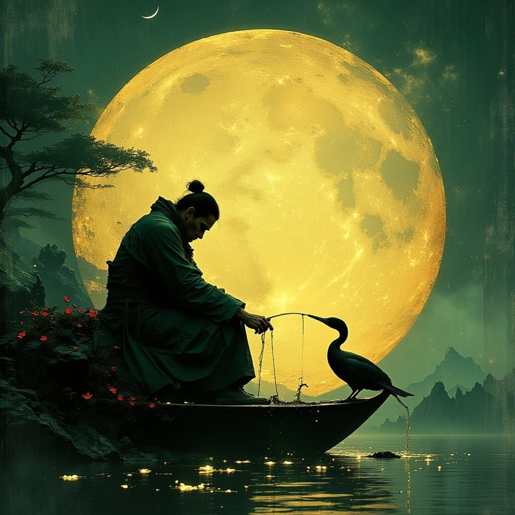 Japanese Fisherman and Cormorant Under Moonlit Lake