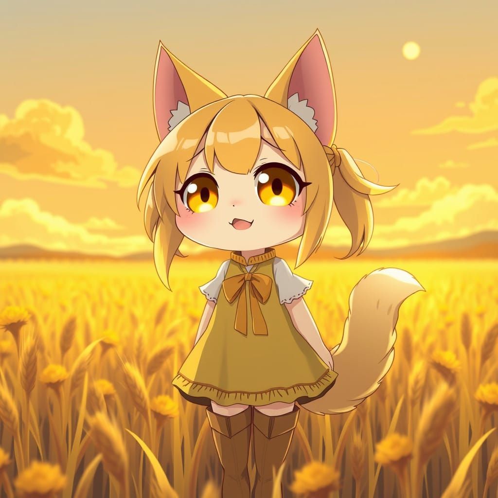 Sweet Anime Catgirl Soaks Up Morning Sun in a Yellow Wheat F...