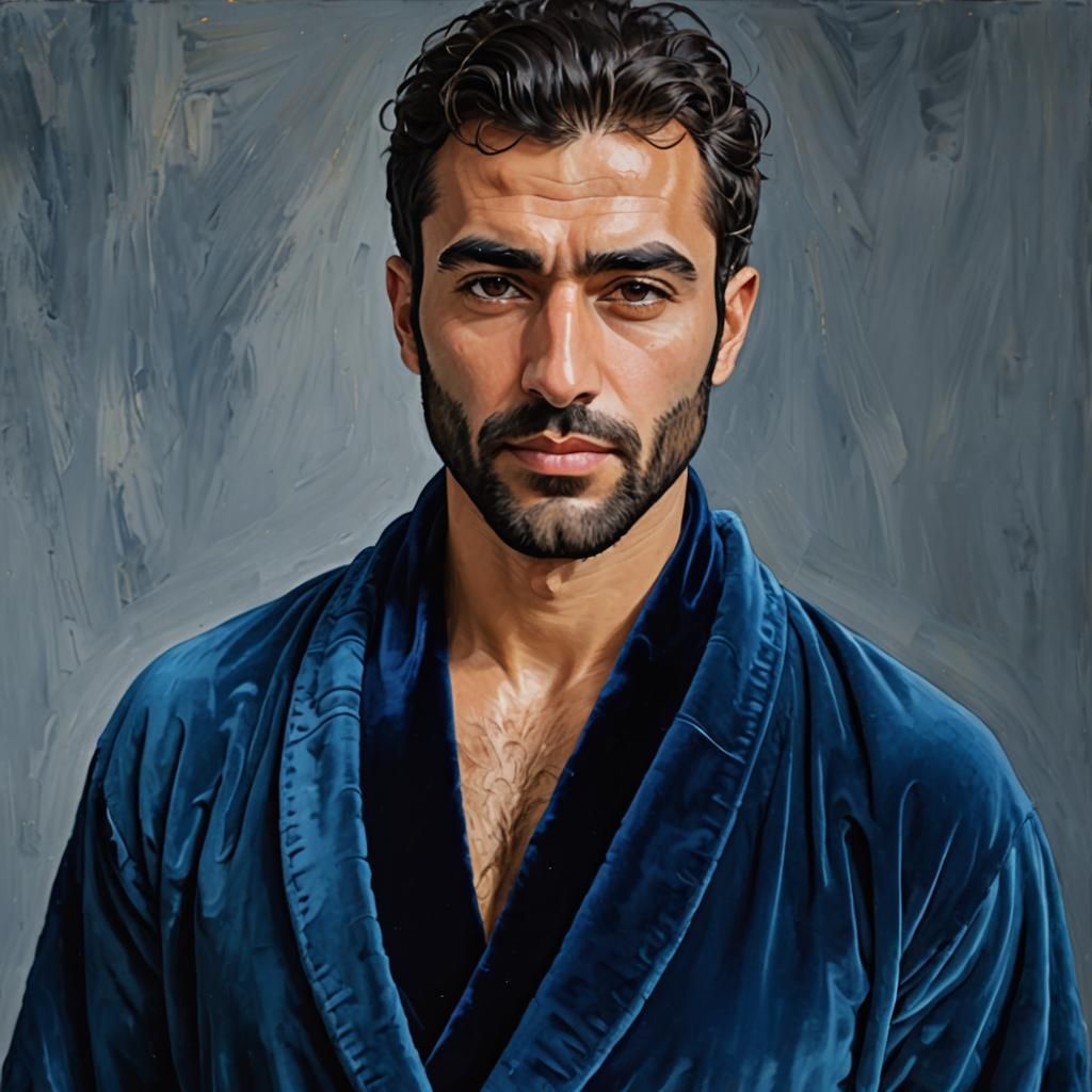Serene Man in Blue Velvet: Neo-Impressionist Oil Painting