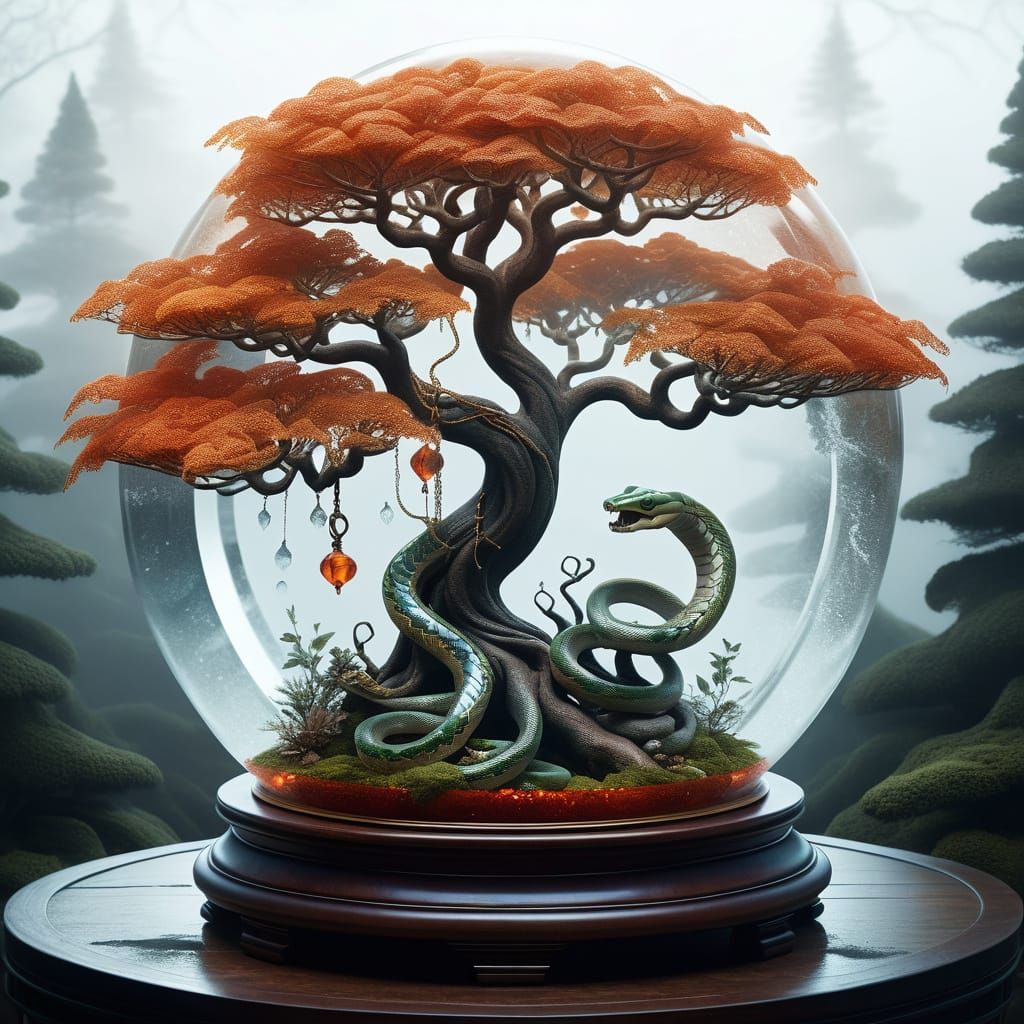 Mystical Carnelian Snake Tree in Snow Globe