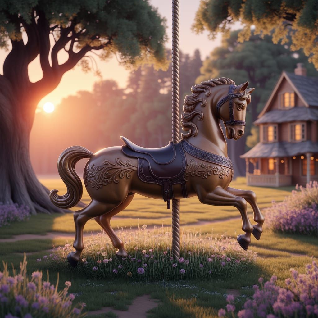 Antique Carousel Horse in Golden Sunset Meadow