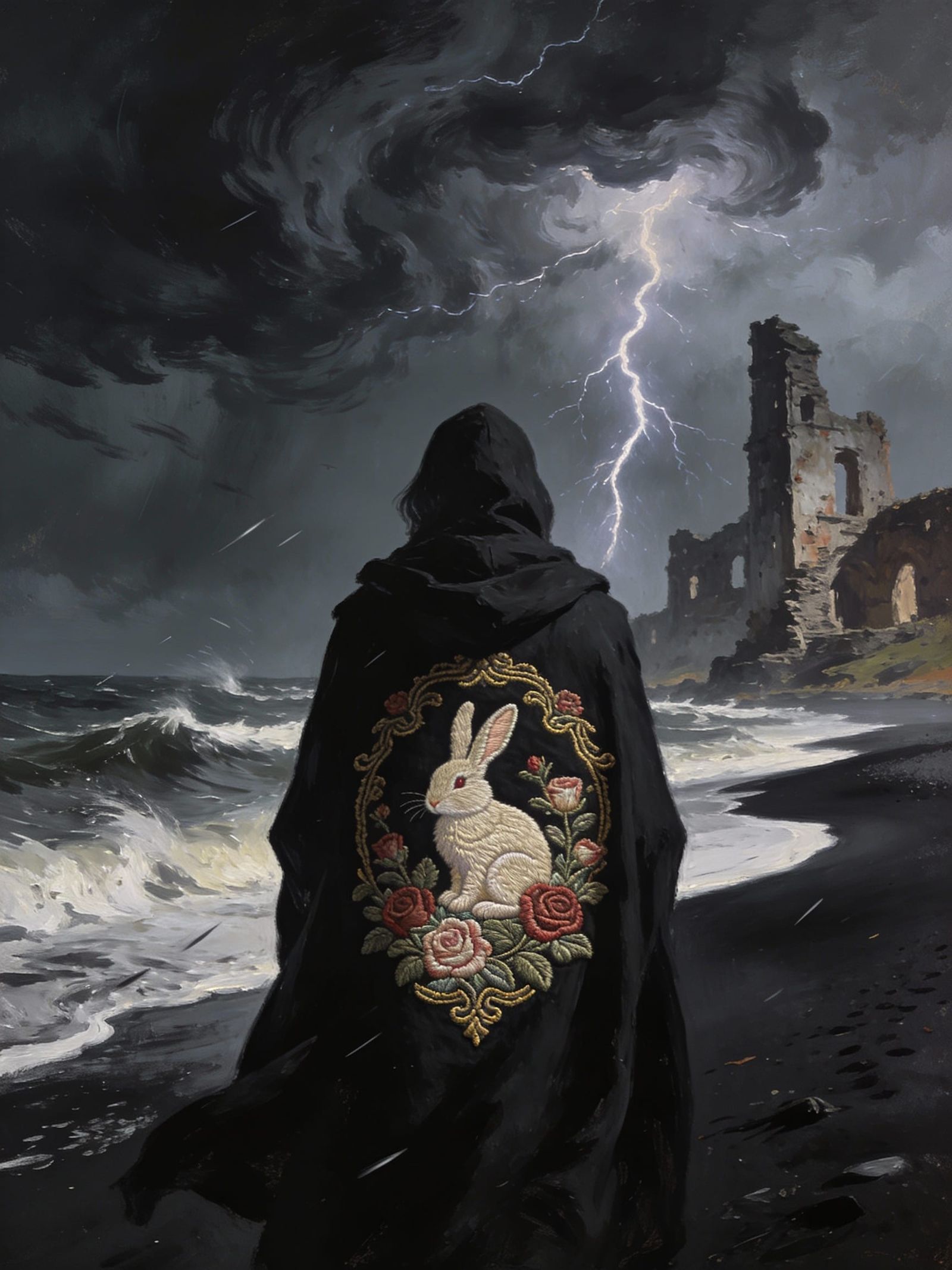 Figure in Embroidered Cloak on Black Sand Beach