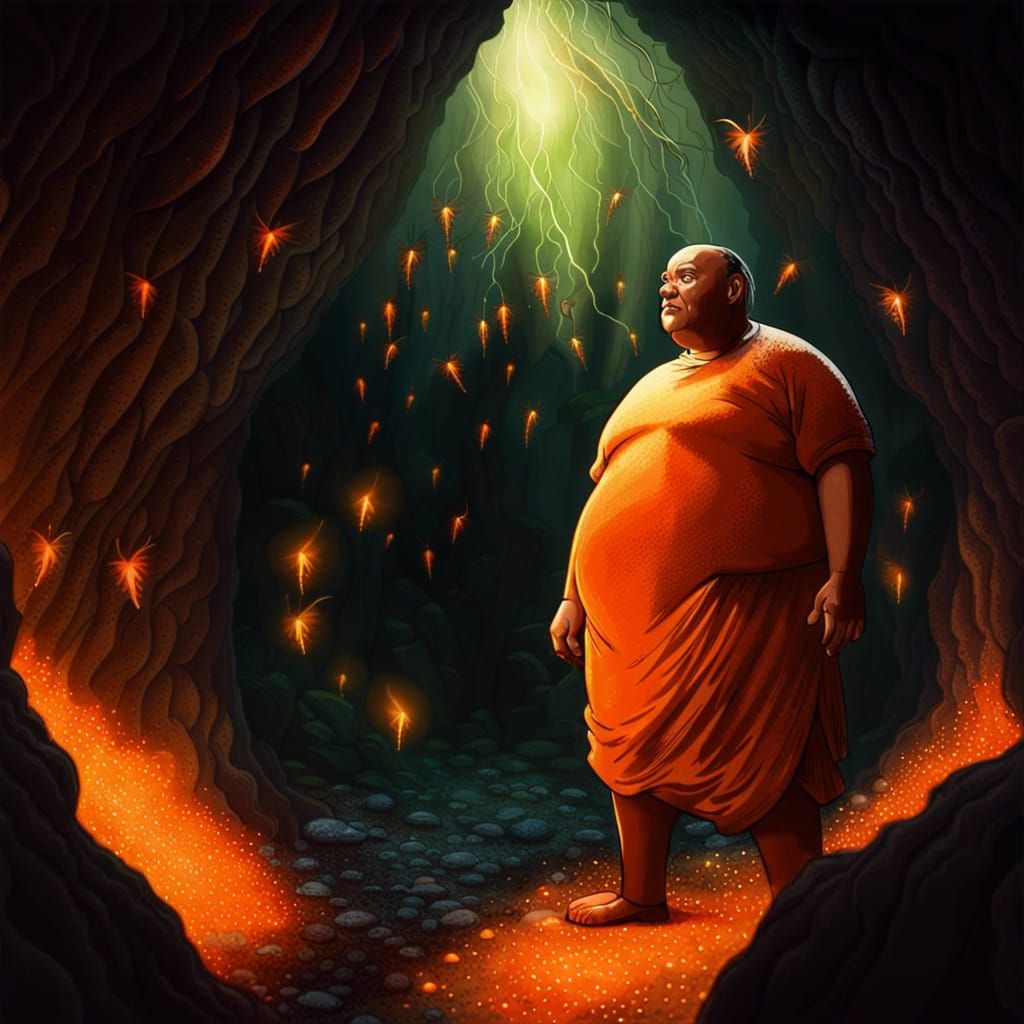 Man in Orange Dress in Lava Cave: Fantasy Art
