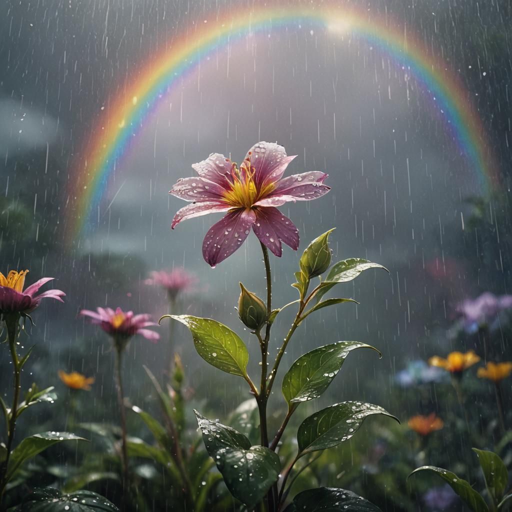 Flower Blooms in Rainy Fantasy Landscape