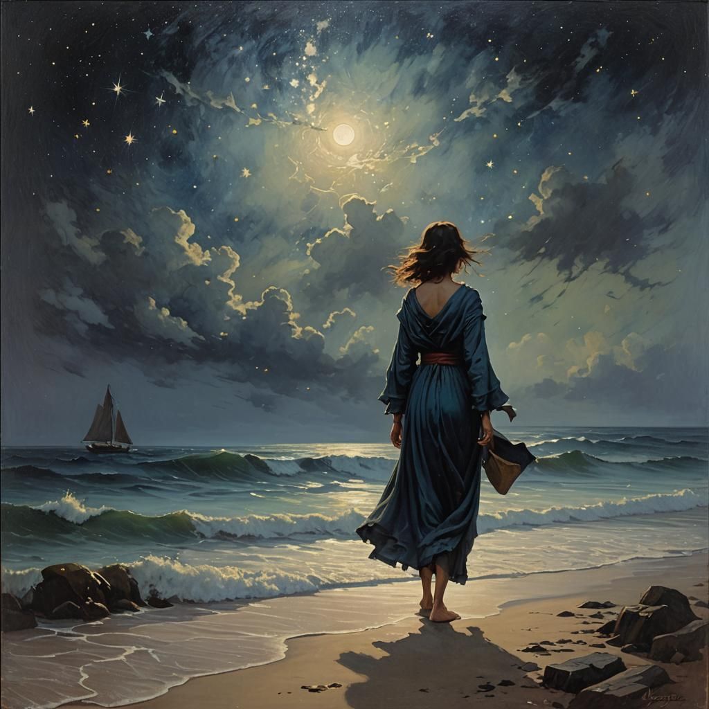 Night Seascape in Oil Painting Style
