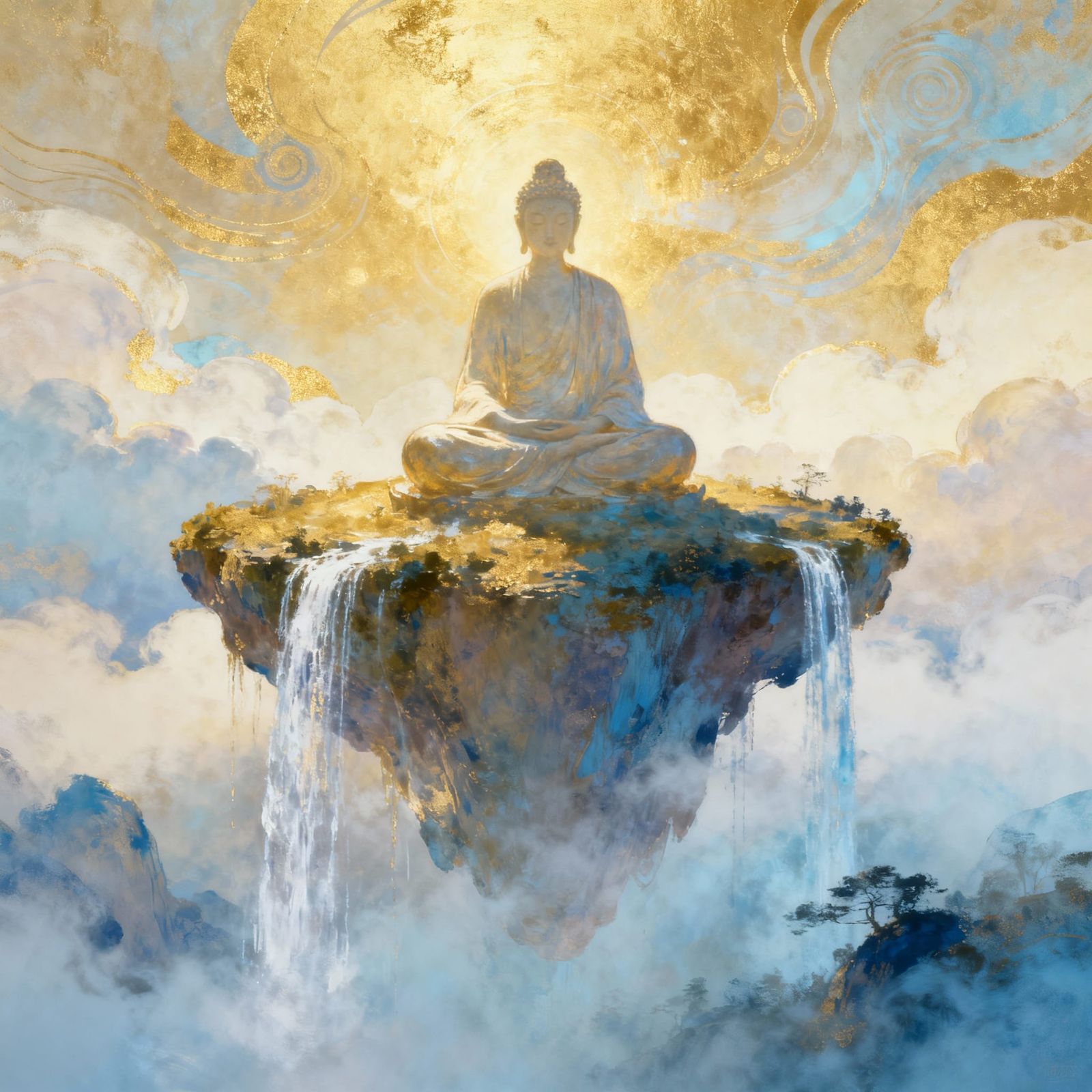 Meditative Figure on Floating Island in Golden Light