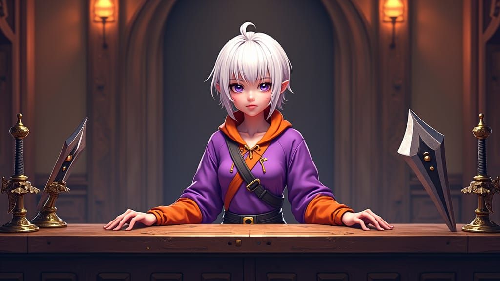 Pale Tavern Keeper with Pixelcut Hair and Scimitars in Vibra...