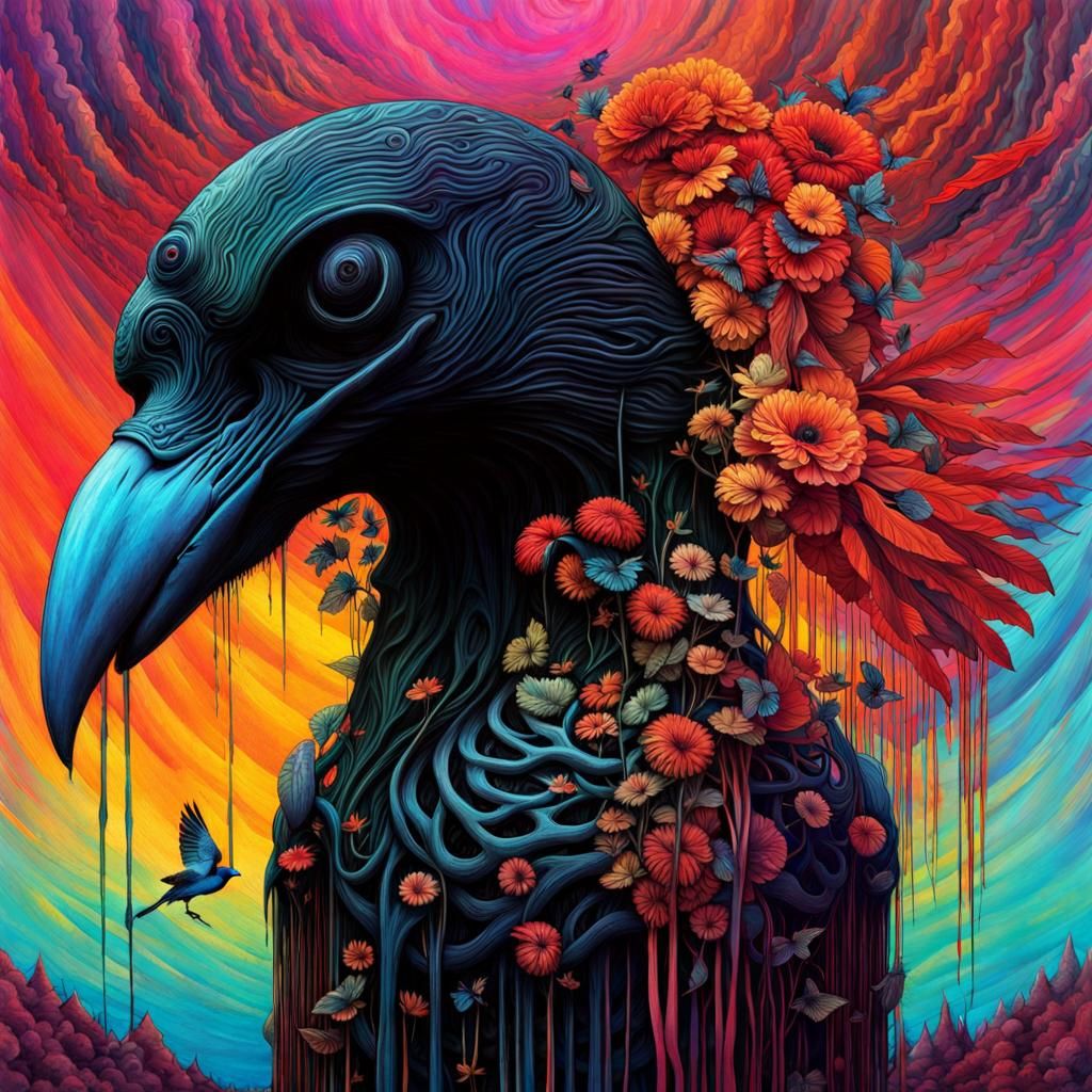 Surreal Rib Cage Brain with Crows in Biopunk Style