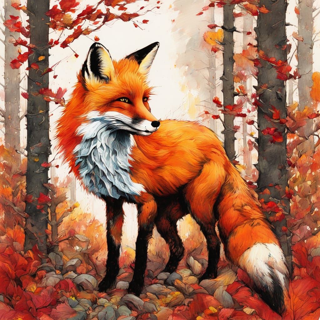 Vibrant Autumn Fox in Oil Painting Style