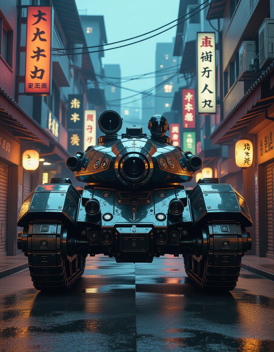 Futuristic Military Tank in Japan City, Hyper-Realistic