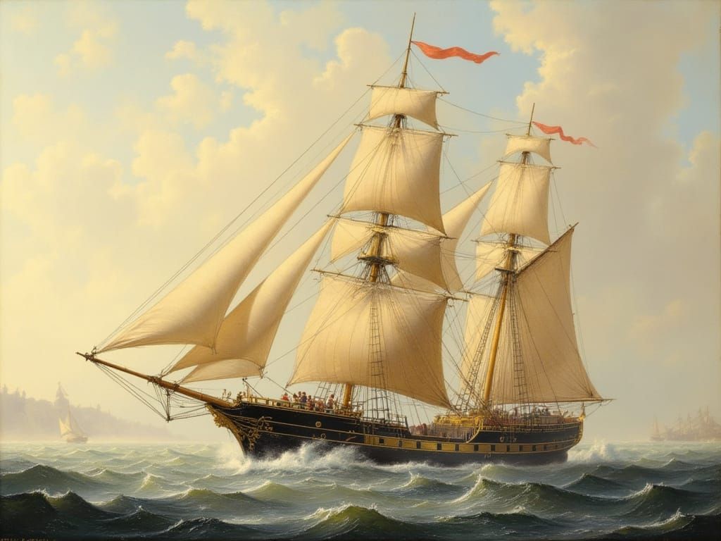 Elegant Sailing Ship Rides Choppy Waves in Golden Light