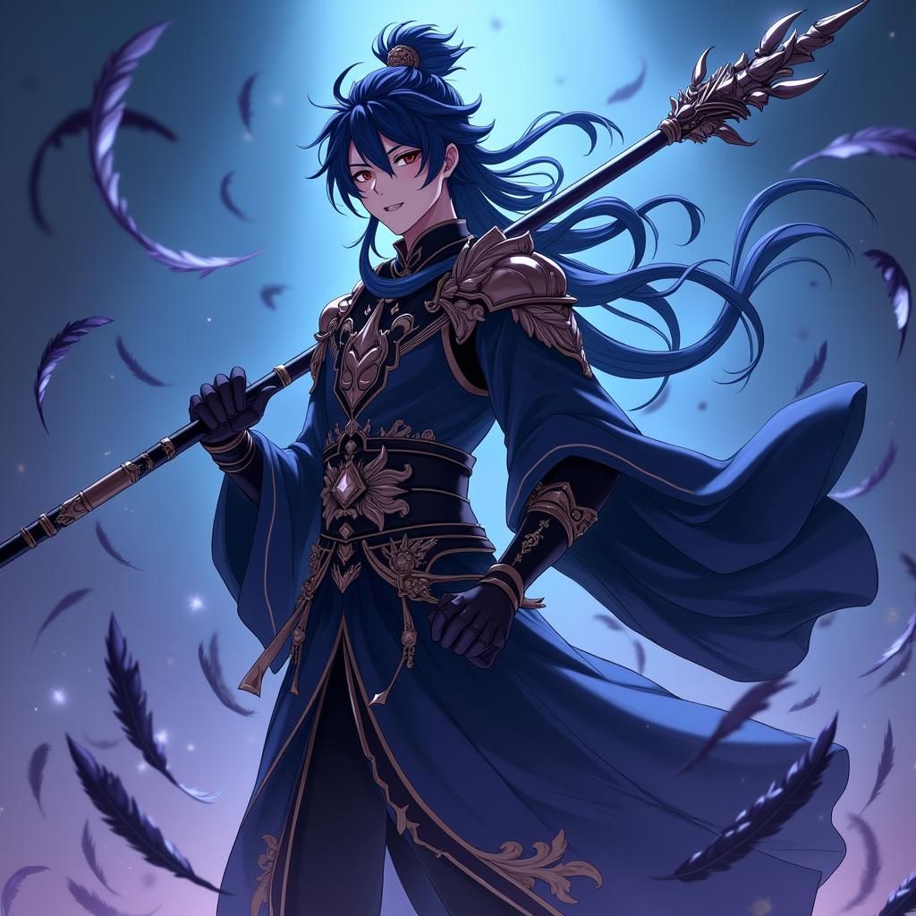 Heroic Anime Warrior with Dark Feathers