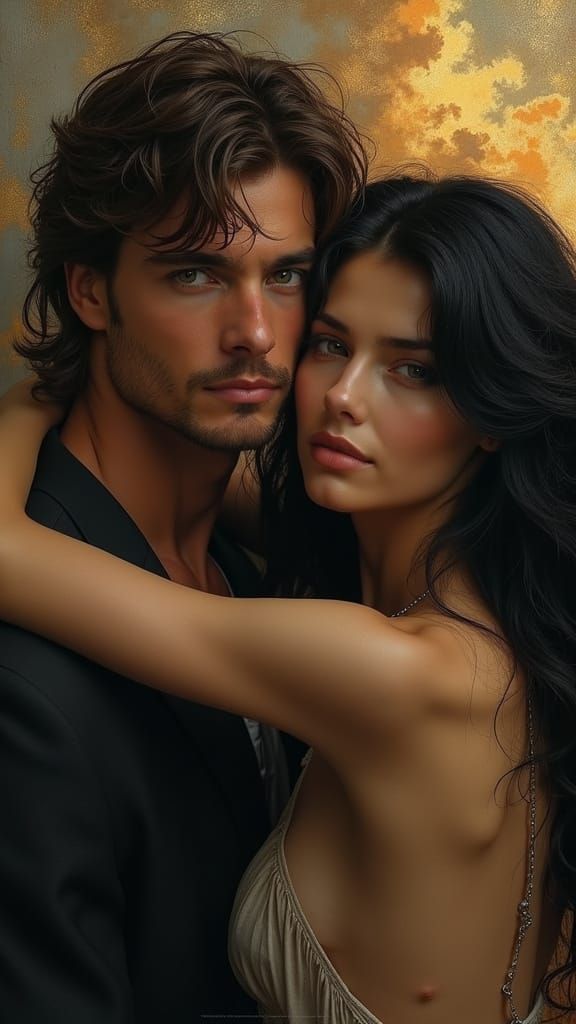 Dramatic Portrait of Man and Goddess in Mixed Style