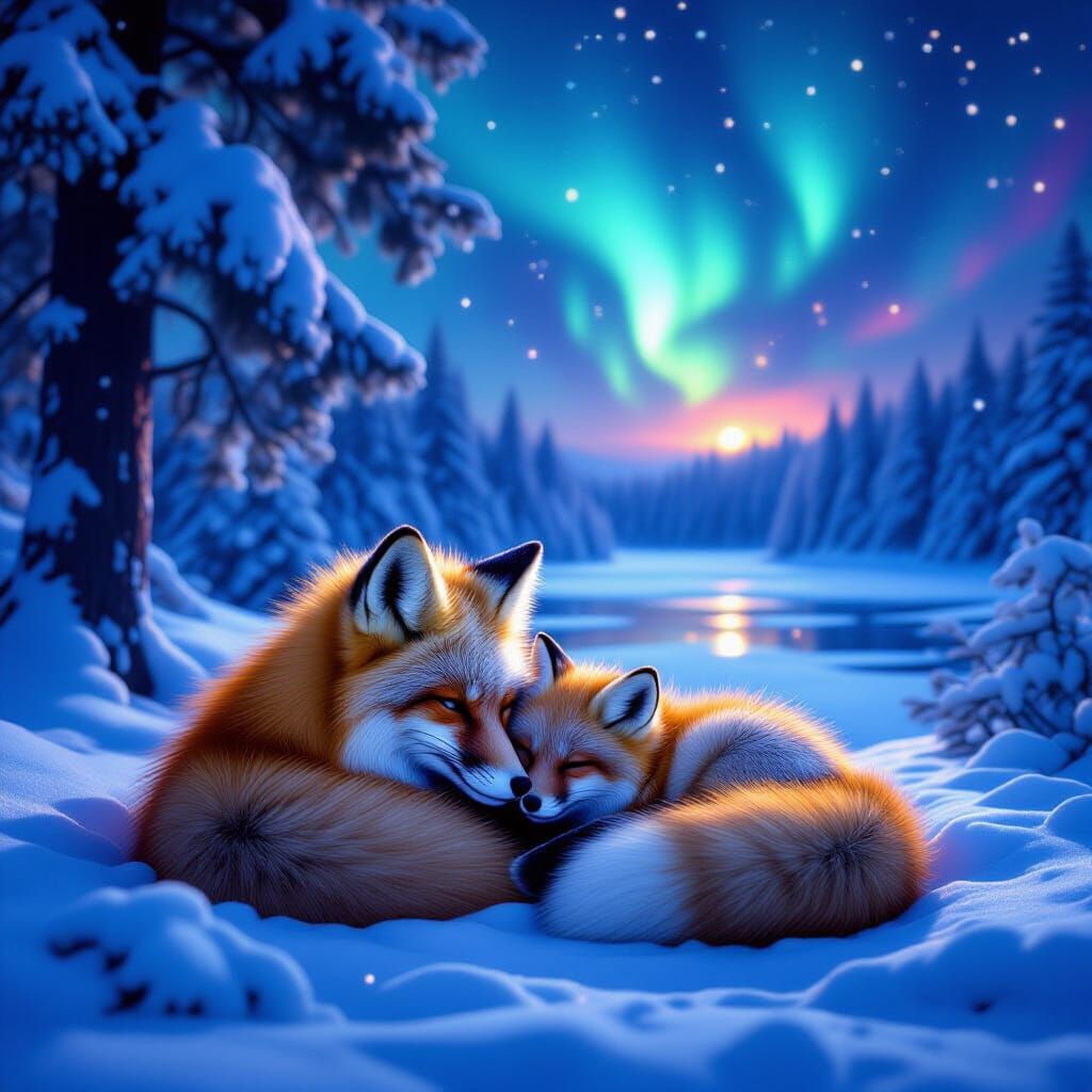 Red Fox and Cub in Winter Forest