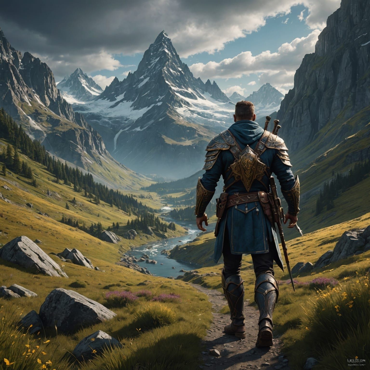 Muscular Man Ascends Mountain in Detailed Matte Painting