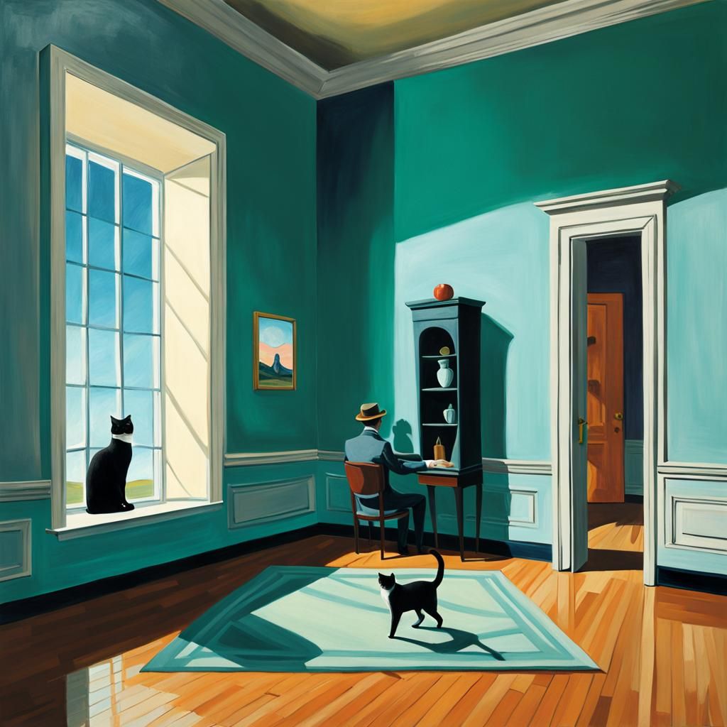 Surreal Cats Playing: Magritte and Hopper Styles