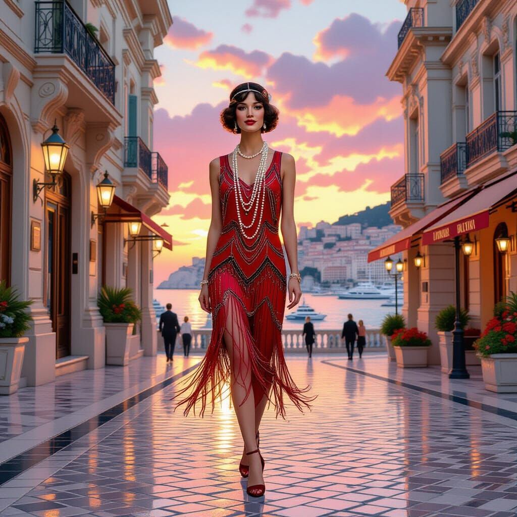 Art Deco Woman in Monaco at Sunset