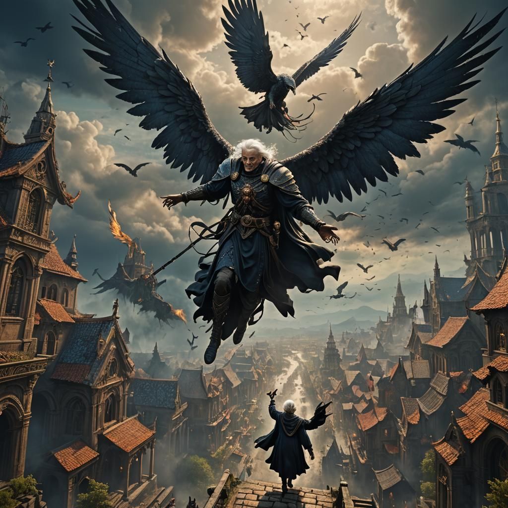 Winged Angel Ascends to Heaven with Elderly Woman