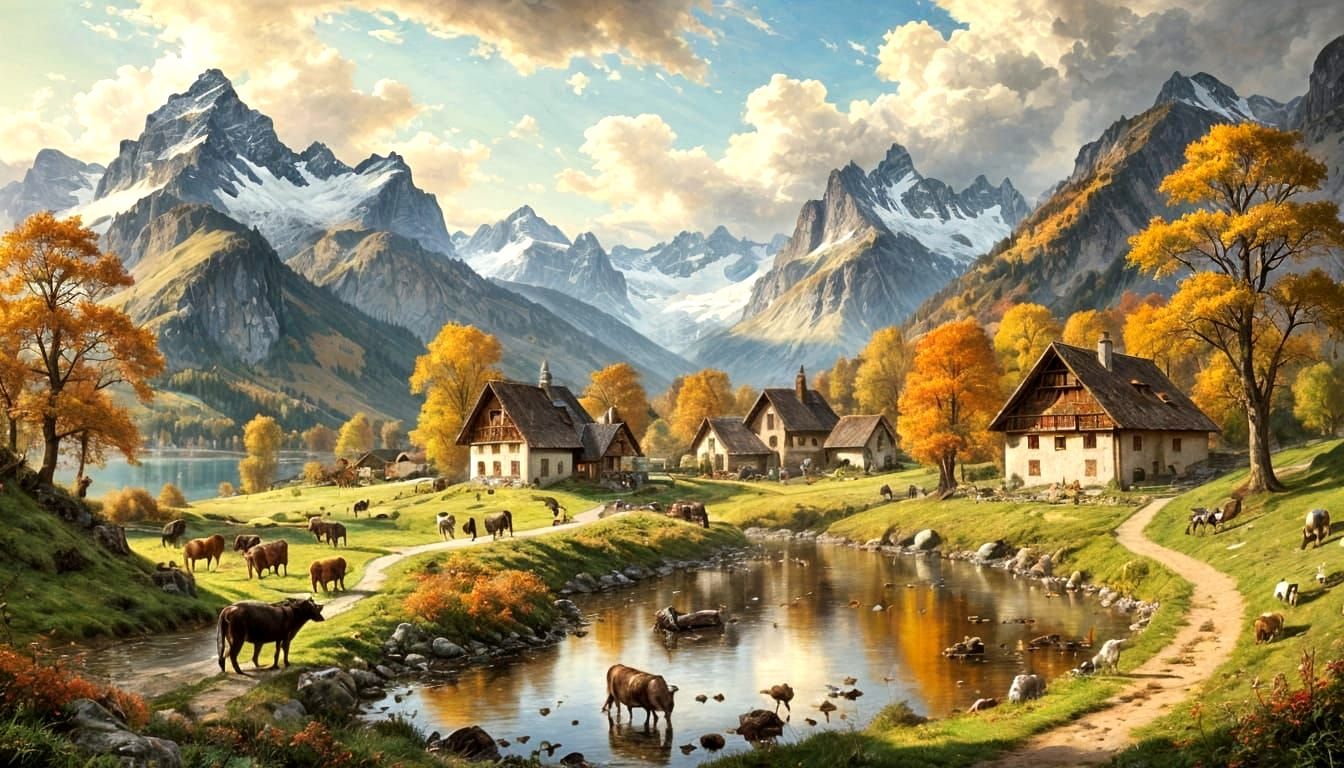 Autumn Swiss Alps Village Landscape Painting