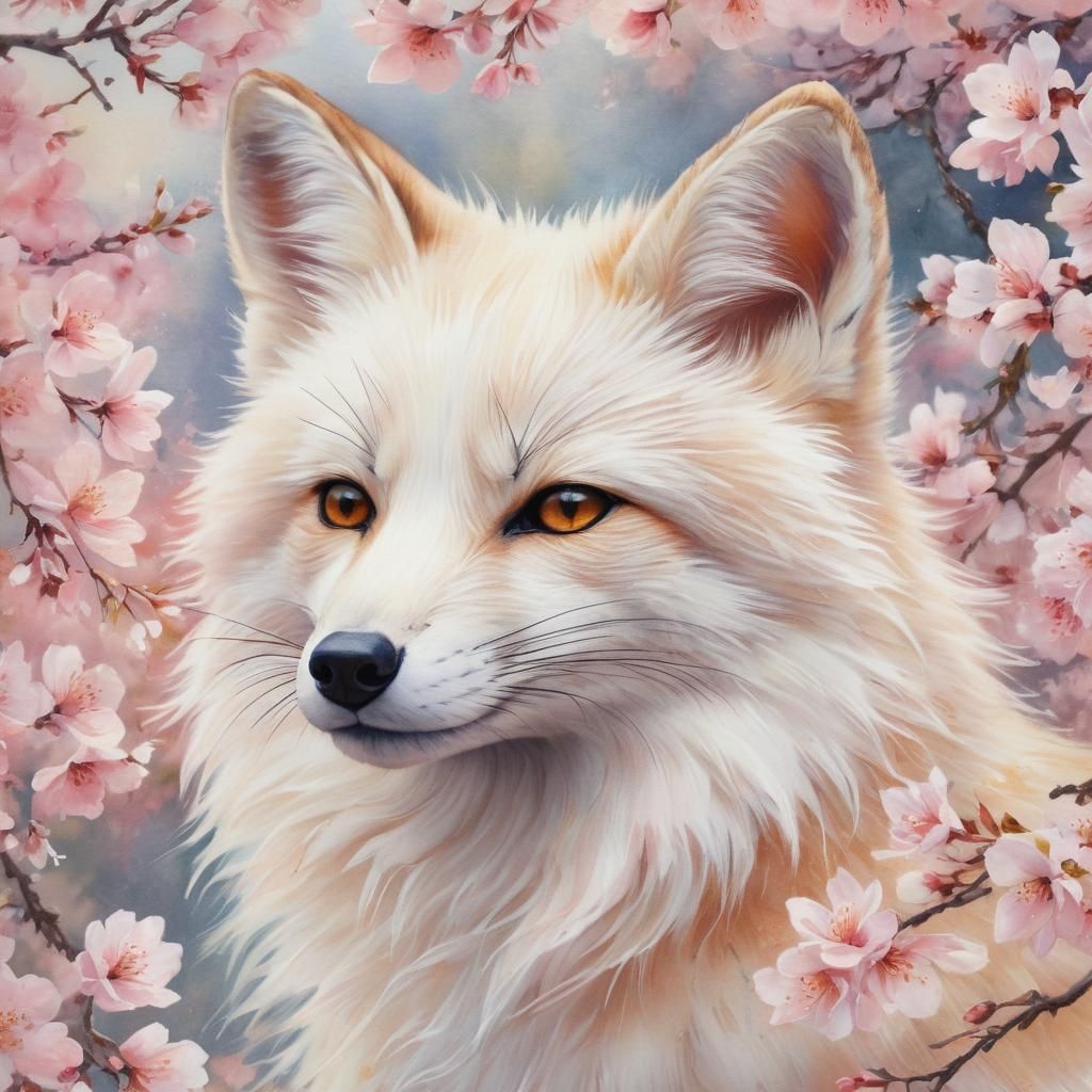 White Fox Surrounded by Cherry Blossoms in Watercolor