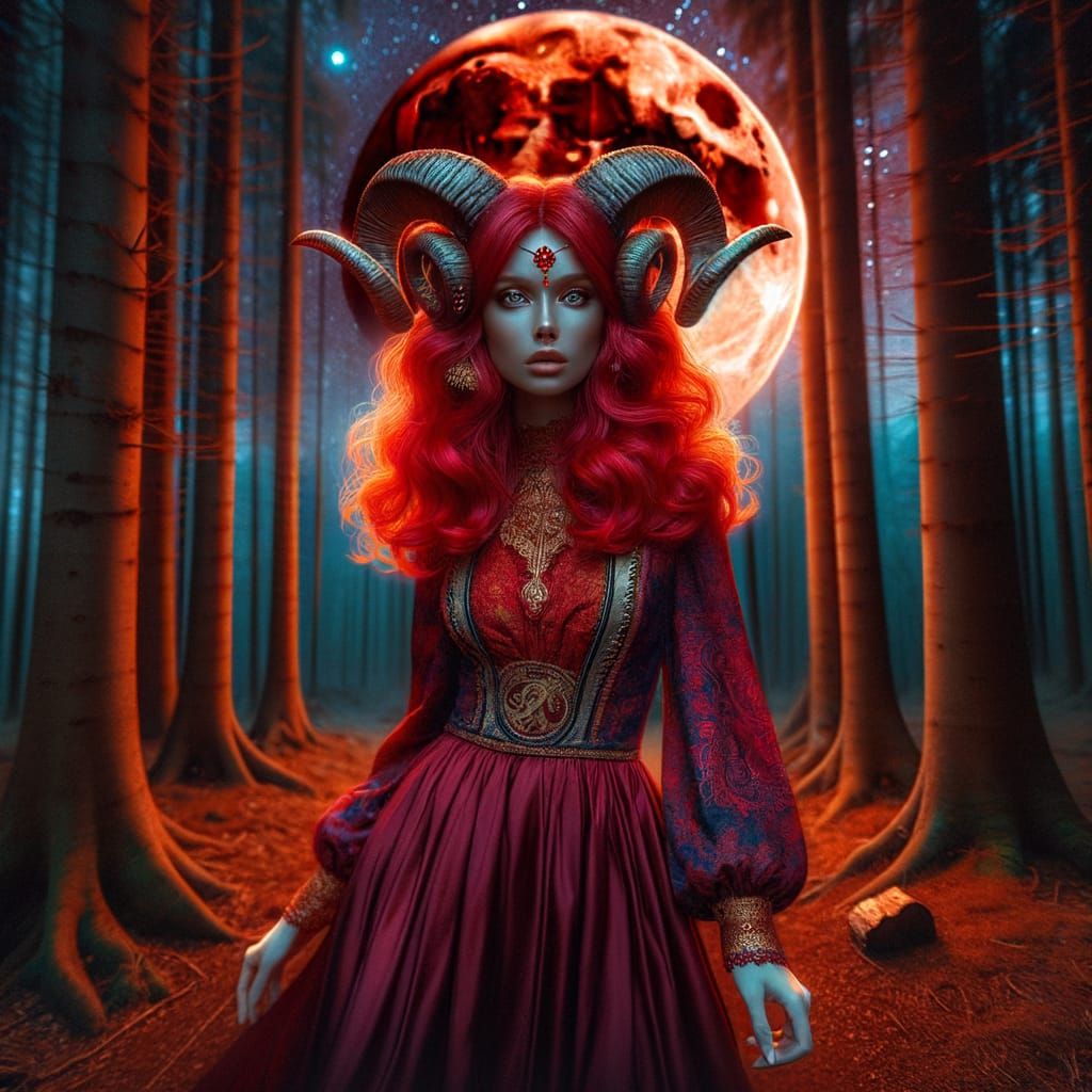 Aries Woman in Fiery Dress Under Blood Moon