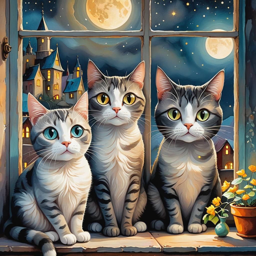 Whimsical Cats on Windowsill in Storybook Illustration
