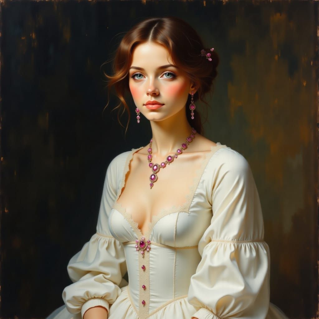 Anne de Breuil in White Silk, Photorealistic Style