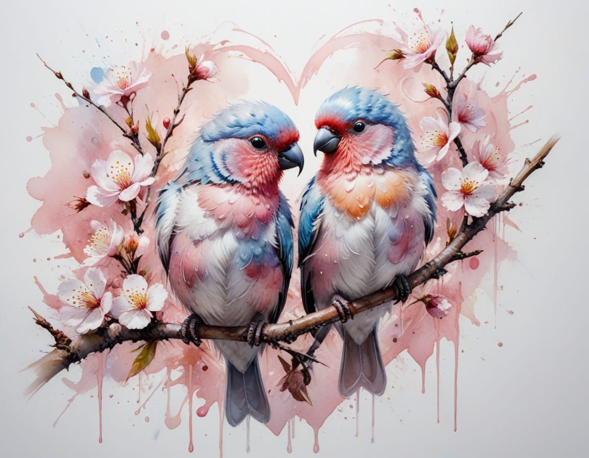 Pastel Love Birds Form Heart on Cherry Branch