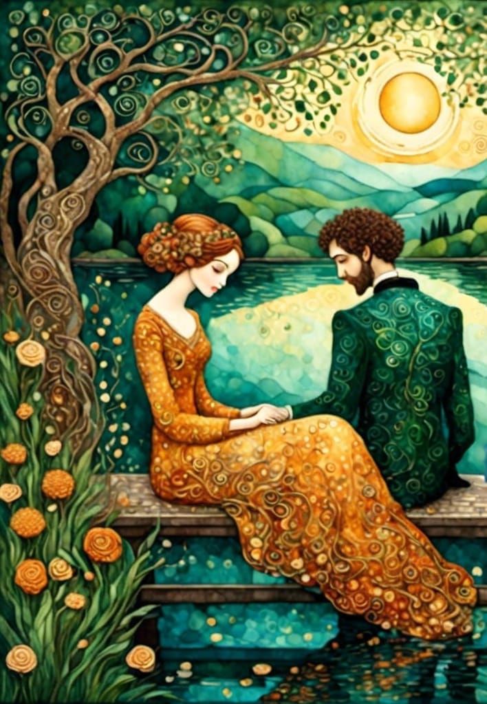 Romantic Lakeside Scene in Modern Alcohol Ink Style