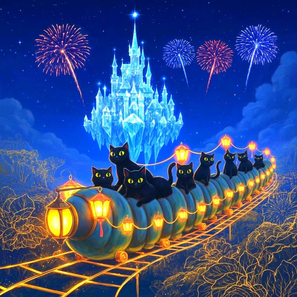 Black Cats Ride a Caterpillar Train to a Crystal Castle