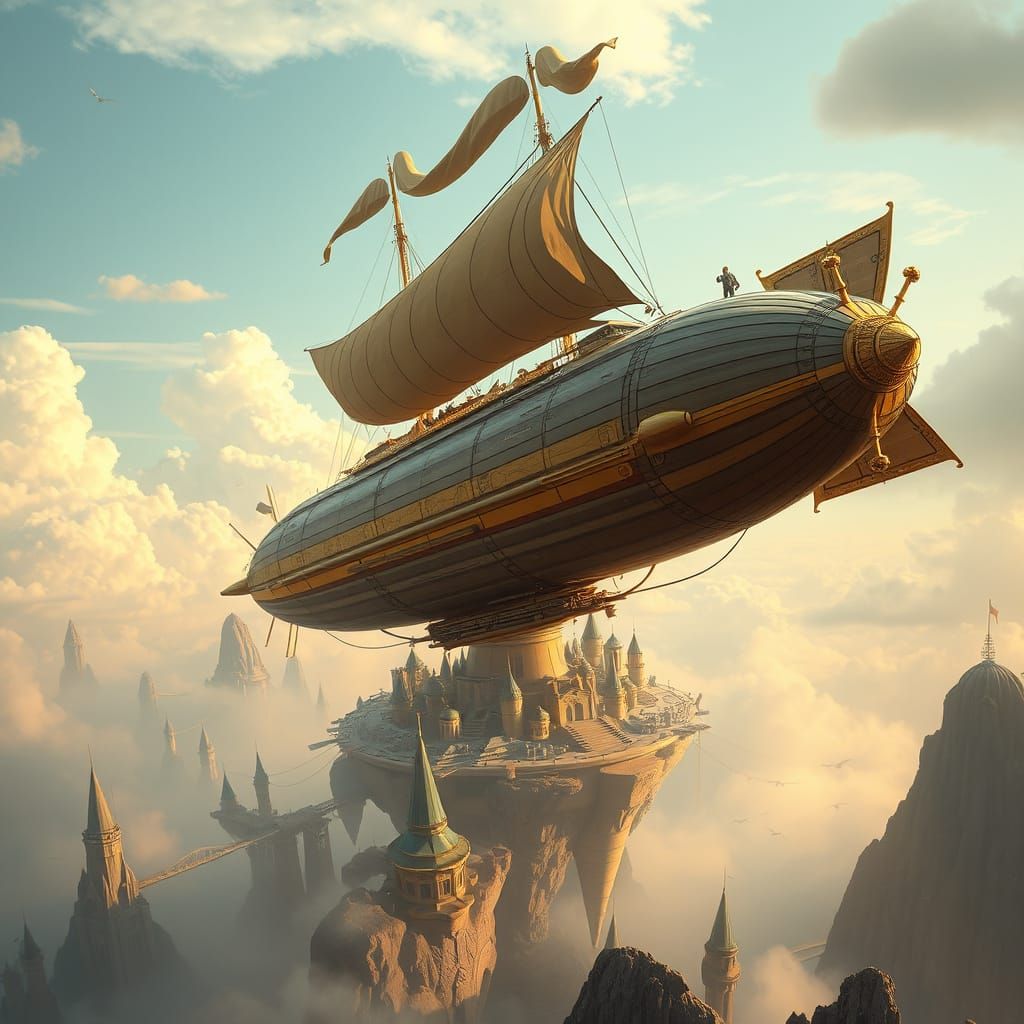 Steampunk Airship Over Floating Island City
