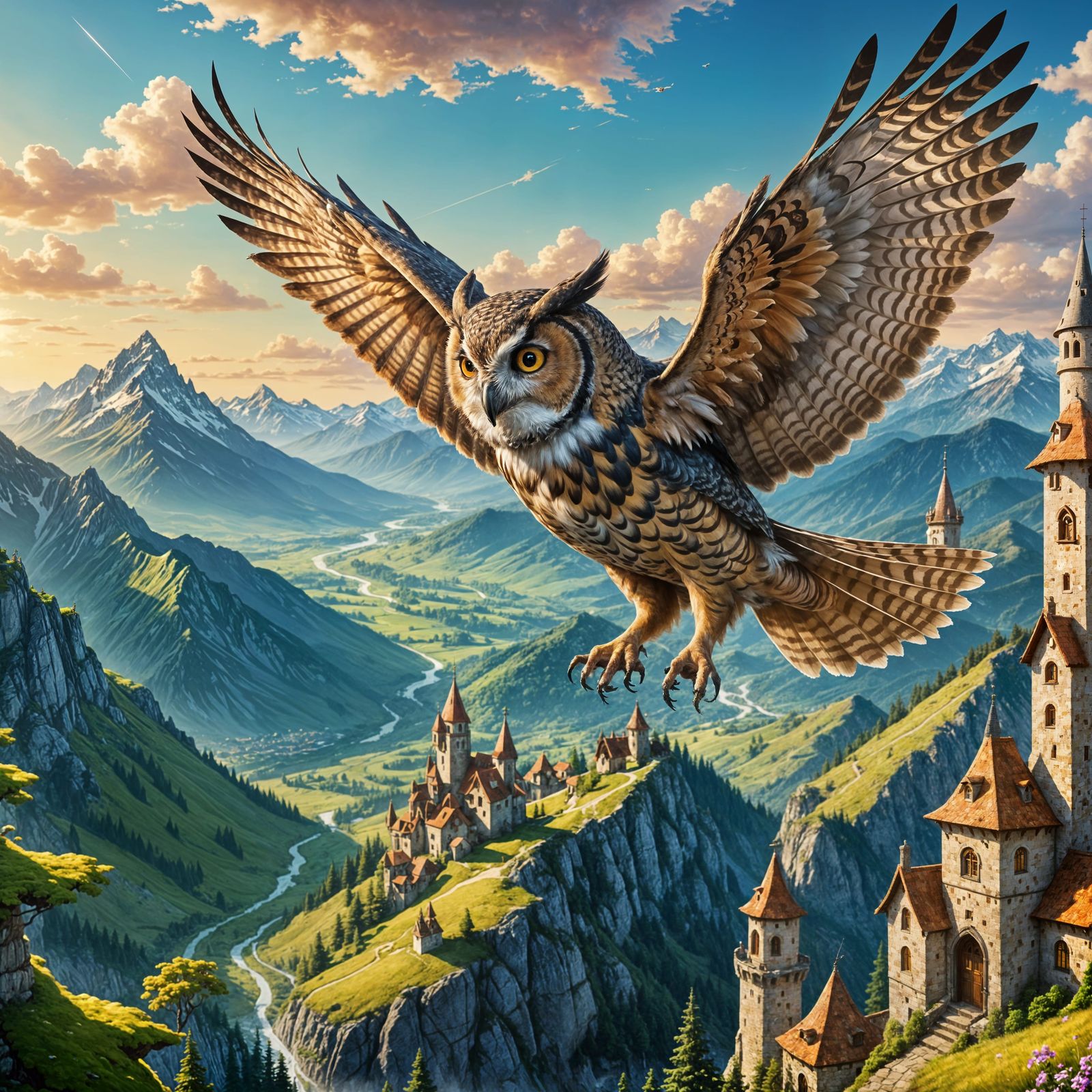 Ethereal Female Owl Hybrid Soars Over Enchanted Mountains