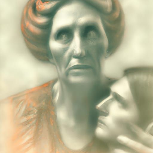 A disembodied head speaks a prophecy to a dreaming soccer mom, orange and teal pencil sketch ZBrush Central ethereal 190...