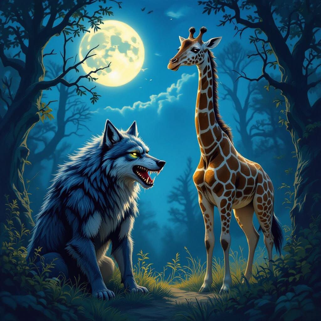 Werewolf Giraffe Hybrid in Enchanted Forest at Twilight