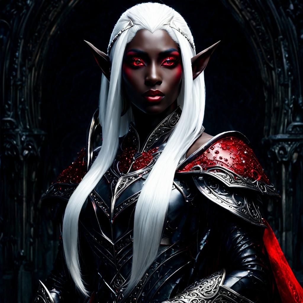 Ethereal Dark Elf with Crimson Eyes: Digital Painting