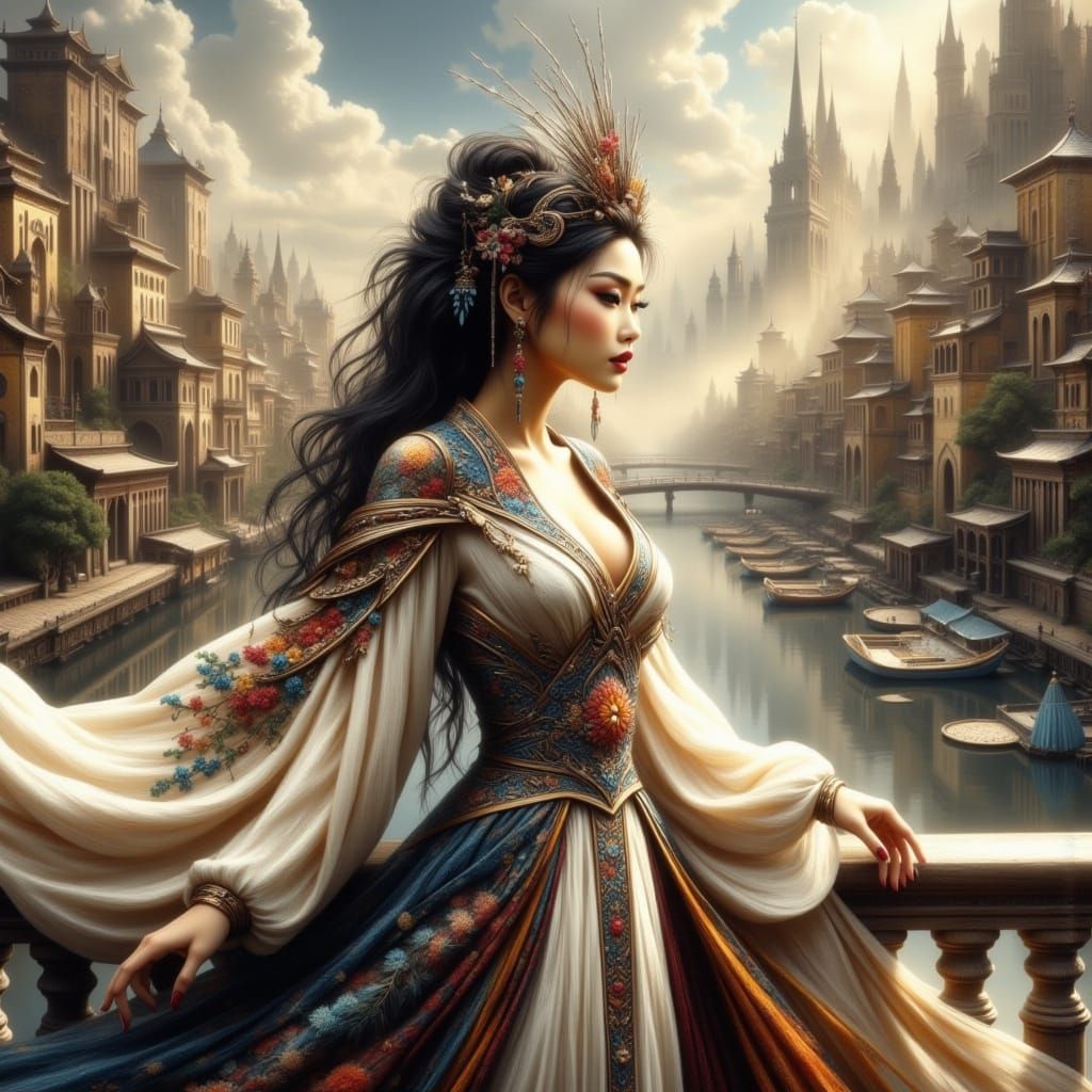 Surreal Geisha Goddess in Vibrant Yin-Yang Landscape