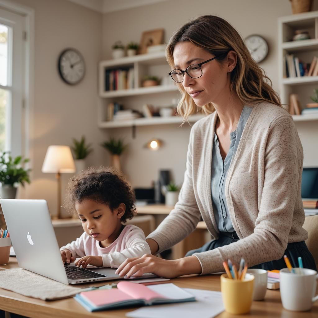 Cozy Home Office: Mother Caring for Child, Bokeh