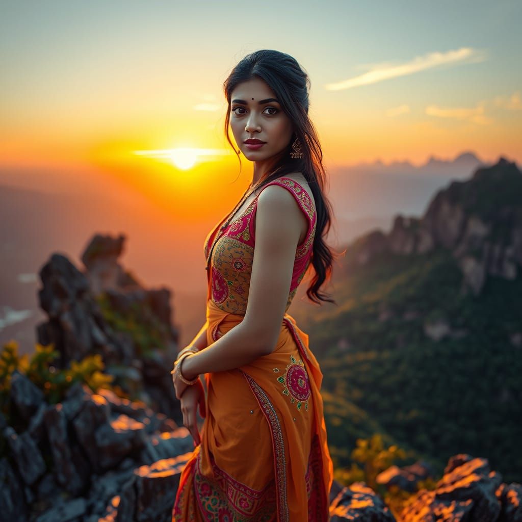 Ethereal Indian Beauty in Traditional Attire at Sunset