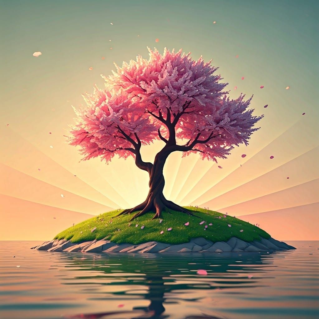 Sakura Island Sunset Sunrise in Origami Style