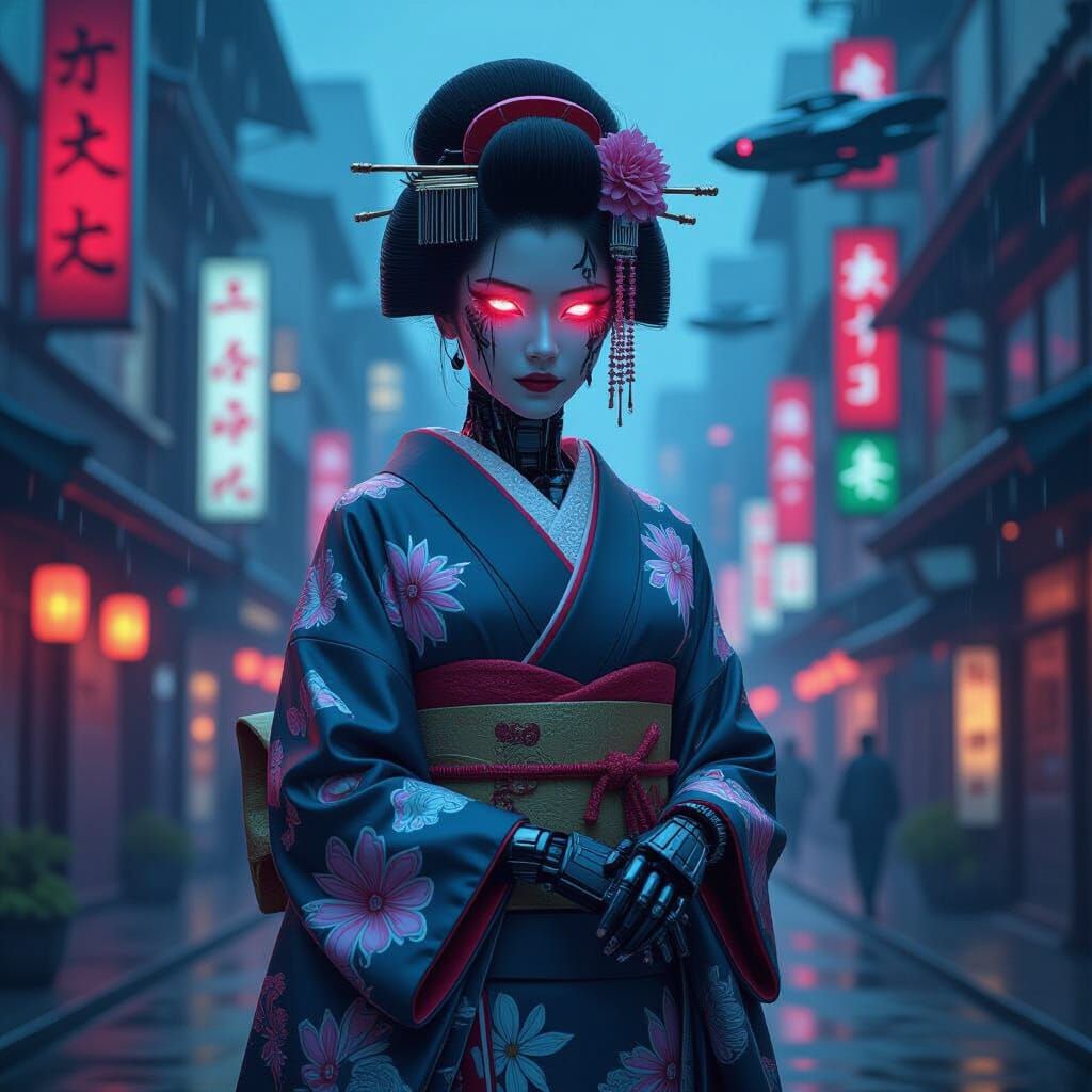 Cyberpunk Geisha with Neon Eyes and Tattoos