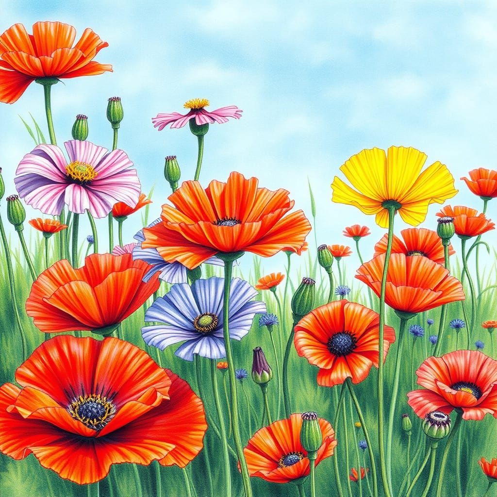 Vibrant Floral Landscape in Botanical Illustration Style