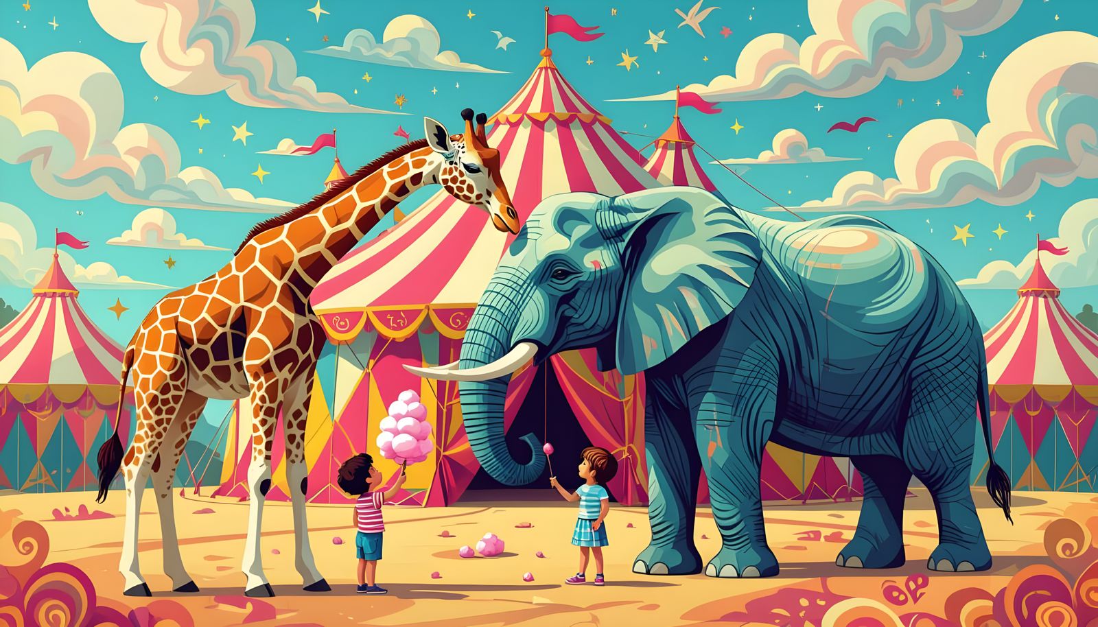 Giraffe and Elephant Interact Near Circus Tent with Children