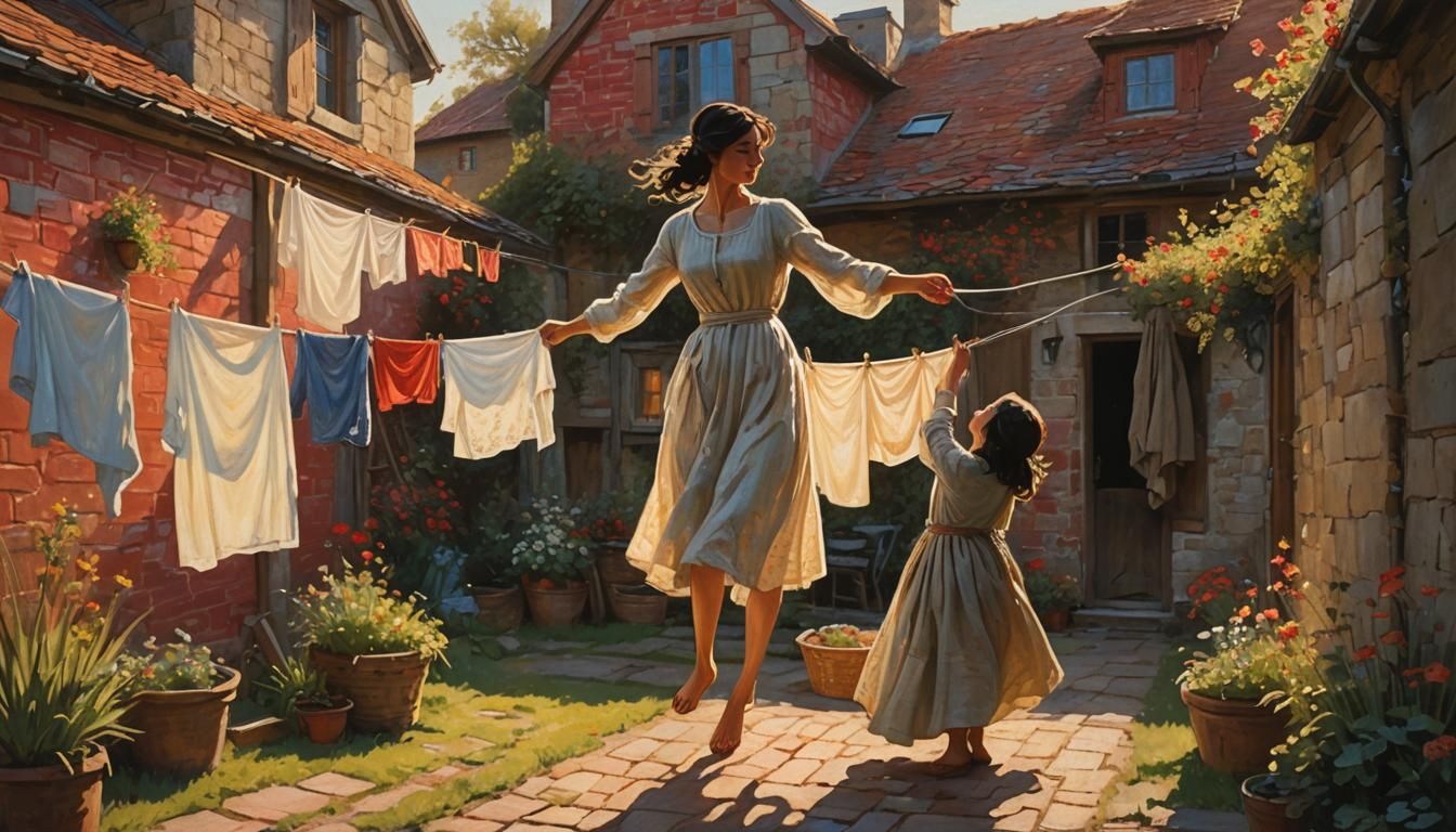 Woman in Sunlight Hanging Laundry: Impressionist Style