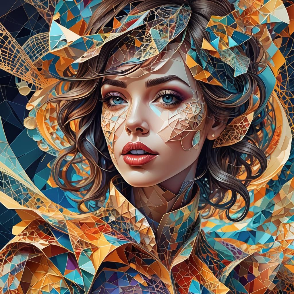 Abstract Vector Fractal Portrait with Geometric Zentangle Pa...