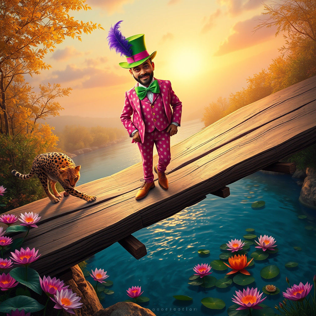 Whimsical Man and Cheetah on Bridge