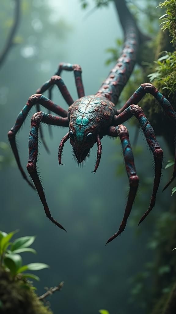 Spider-Snake Hybrid in Misty Forest, Surreal Concept Art