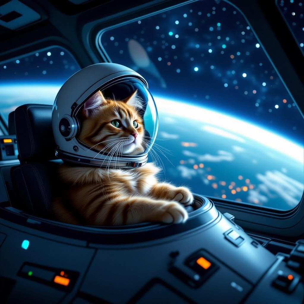 Ginger Astronaut Cat Pilots Spaceship Over Earth