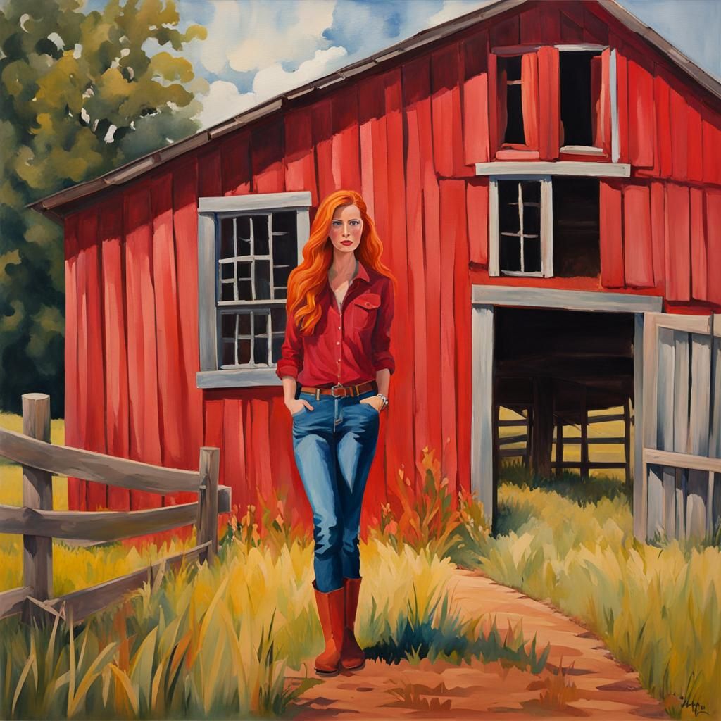 Red-Clad Woman in Gouache Style by Red Barn