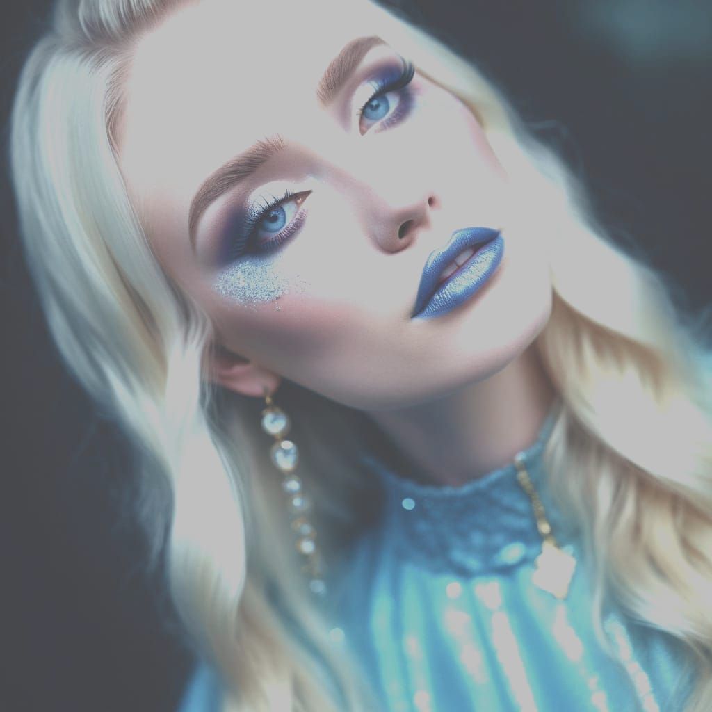 Ethereal Young lady with beautiful blonde hair& Crystal blue eyes crying mascara with sensitivity in her eyes& innocence...